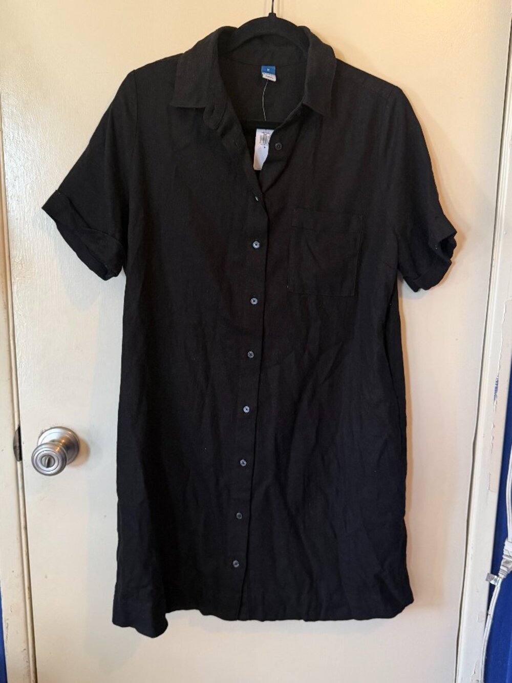 Old Navy Black Linen Blend Shirt Dress Button Front Short Sleeve Women’s M NWT